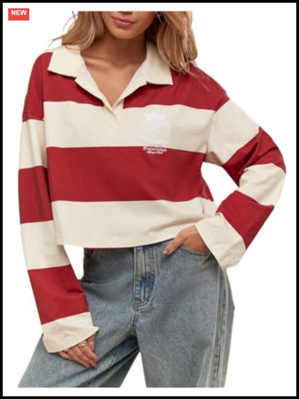 Women's Striped Rugby Crop Sweatshirt Long Sleeve V-Neck Pullover